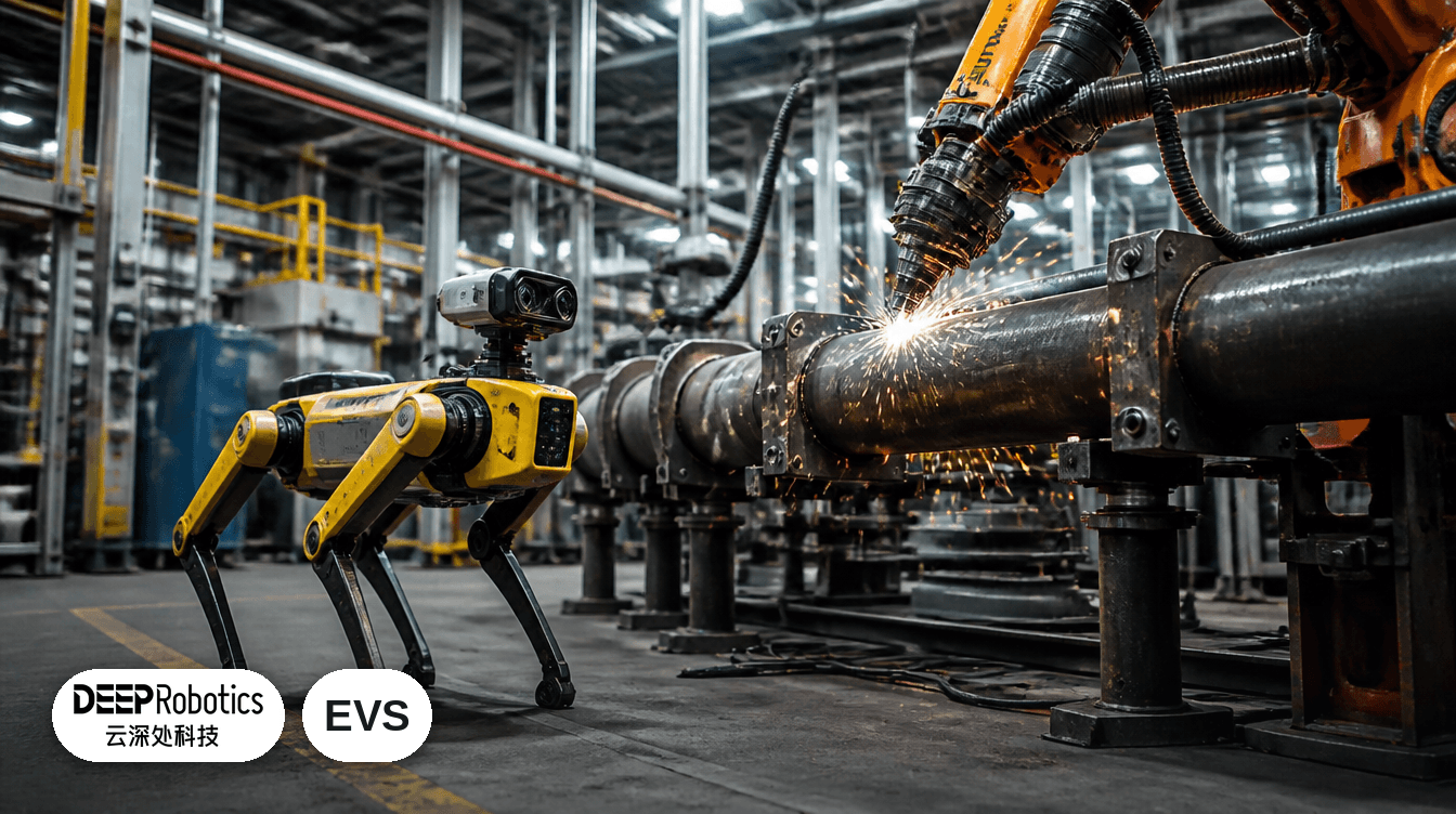 Робособака DeepRobotics и сварочный робот на производстве