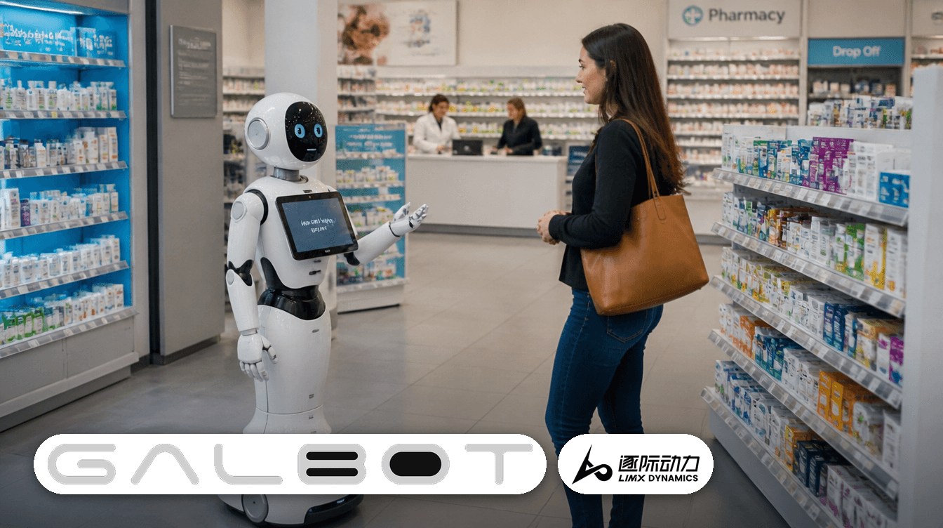 Колёсный гуманоид Galbot в розничном магазине